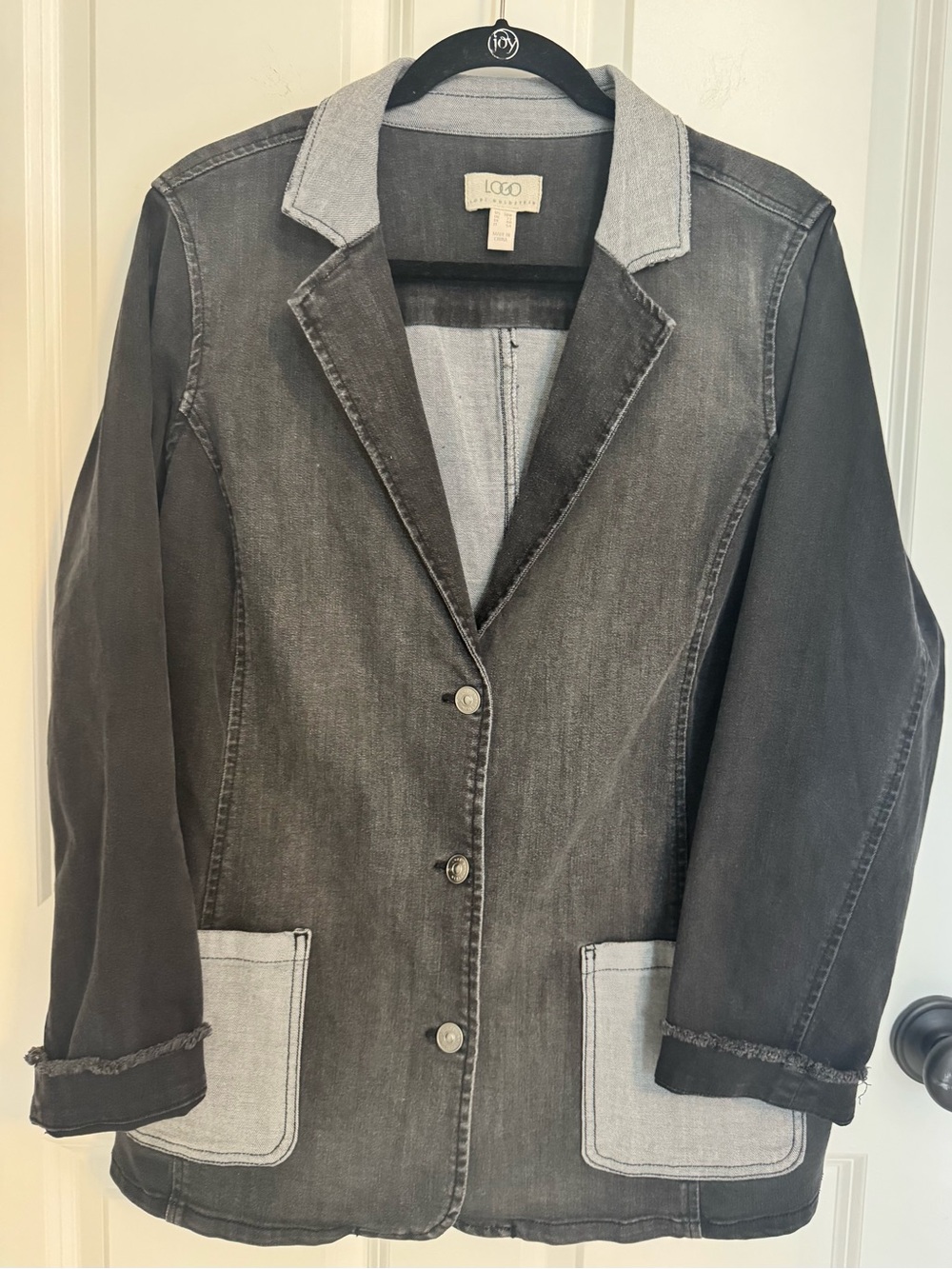 LOGO Lori Goldstein Black Denim Blazer Jacket Contrast Pockets Plus 18W
